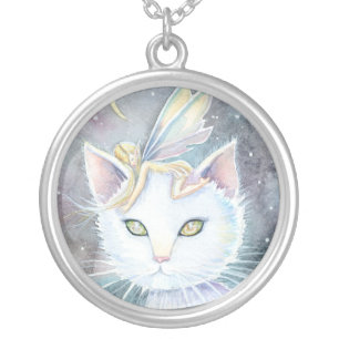 White Cat and Fairy Sterling Pendant Necklace
