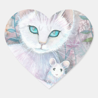 White Cat and Mouse Heart Stickers