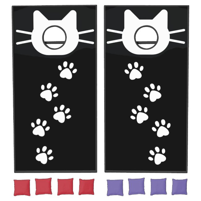 White Cat and Paw Prints Design Cornhole Set