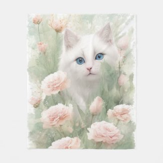 White Cat and Pink Flowers 