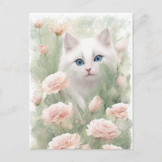 White Cat and Pink Flowers  Postcard (Front)