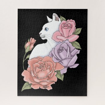 White Cat And Roses Jigsaw Puzzle by tigressdragon at Zazzle