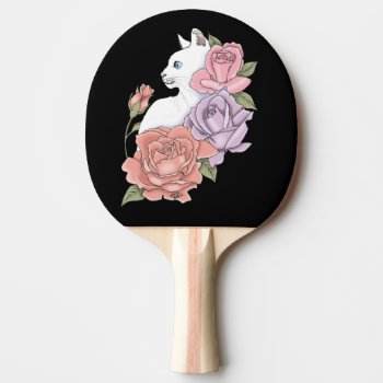 White Cat And Roses Ping Pong Paddle by tigressdragon at Zazzle