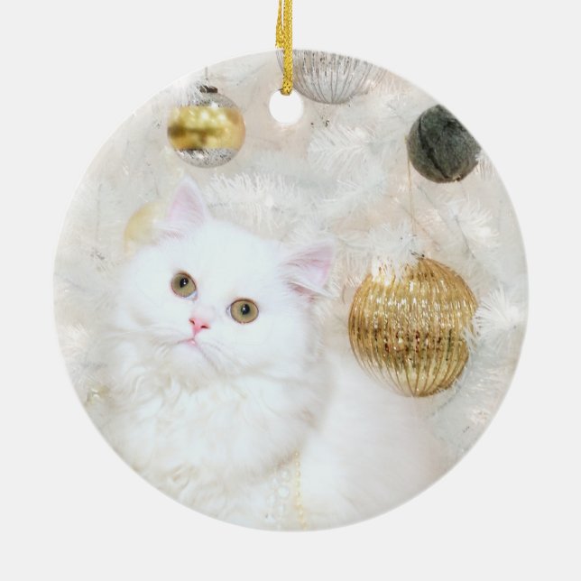 White cat and white Christmas tree Ceramic Ornament (Back)