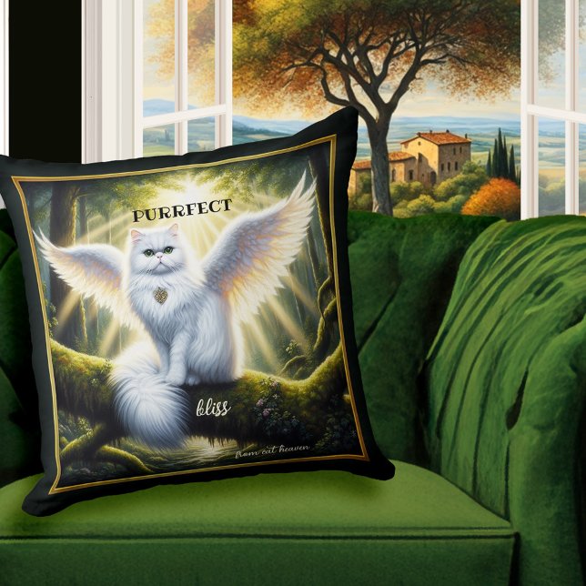 White Cat Angel Heavenly Bliss Throw Pillow (Pillow featuring a painting of a white angel cat in a lush forest. Heavenly bliss! - cat lover gift)