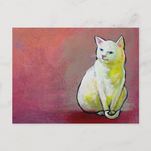 White cat art fun painting Whitey sitting pretty Postcard