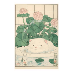 White Cat Bathtub Print, Ukiyo-e Japanese Art Poster