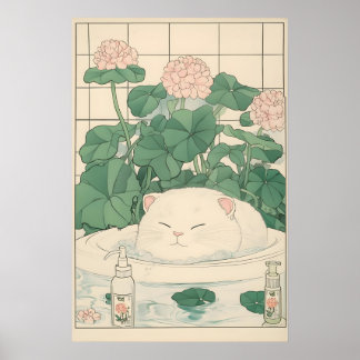 White Cat Bathtub Print, Ukiyo-e Japanese Art Poster