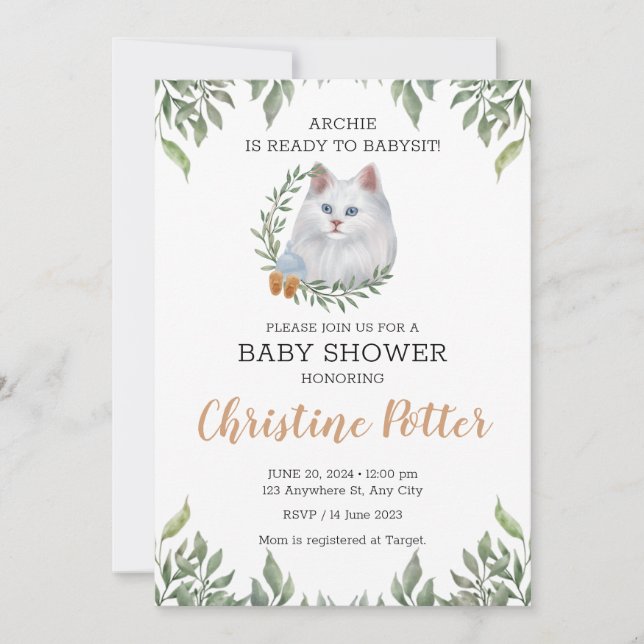 White Cat Blue Eyes Greenery Boho Baby Shower Invitation (Front)