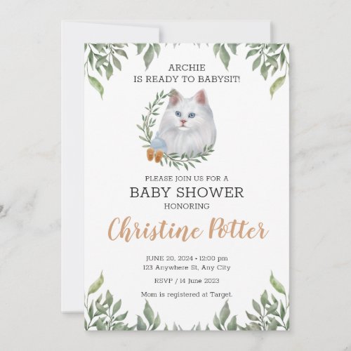 White Cat Blue Eyes Greenery Boho Baby Shower Invitation