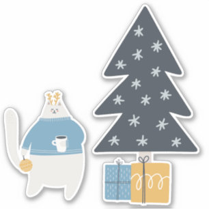 White cat blue sweater ornament christmas tree sticker