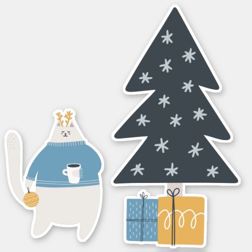 White cat blue sweater ornament christmas tree sticker