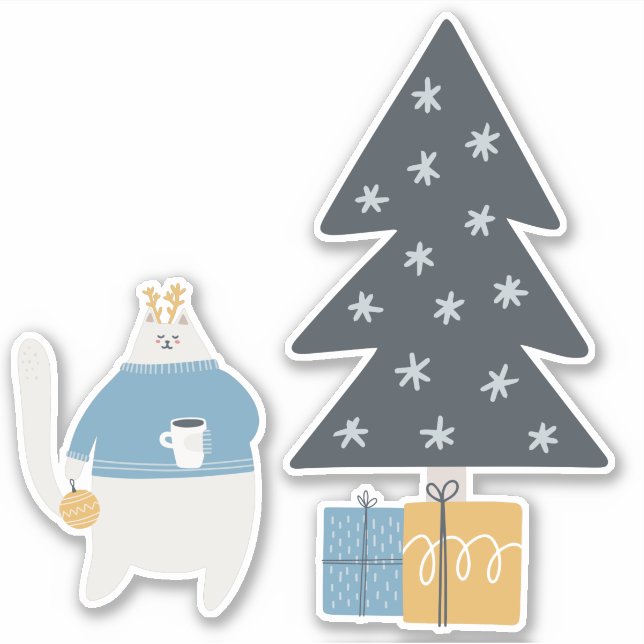 White cat blue sweater ornament christmas tree sticker (Front)
