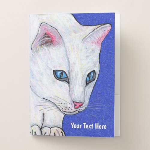 White Cat Bright Vibrant Blue Eyes on Deep Blue Pocket Folder