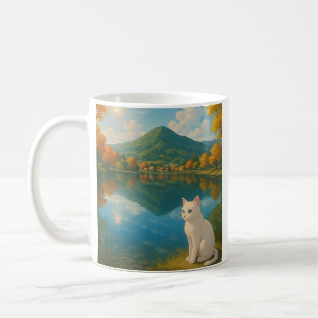 White Cat by the Lake – Serene Nature Mug for Cat  (Left)