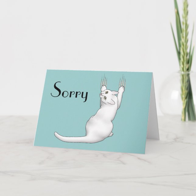 White Cat cartoon drawing scratching and tearing t Card (Front)