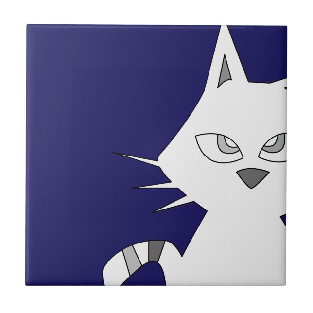White Cat Cartoon on Blue Ceramic Tile (Front)