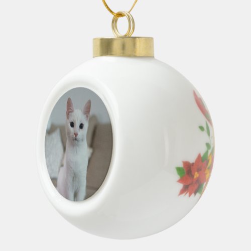 White cat ceramic ball christmas ornament