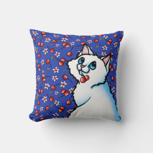 White Cat Cherries Throw Pillow