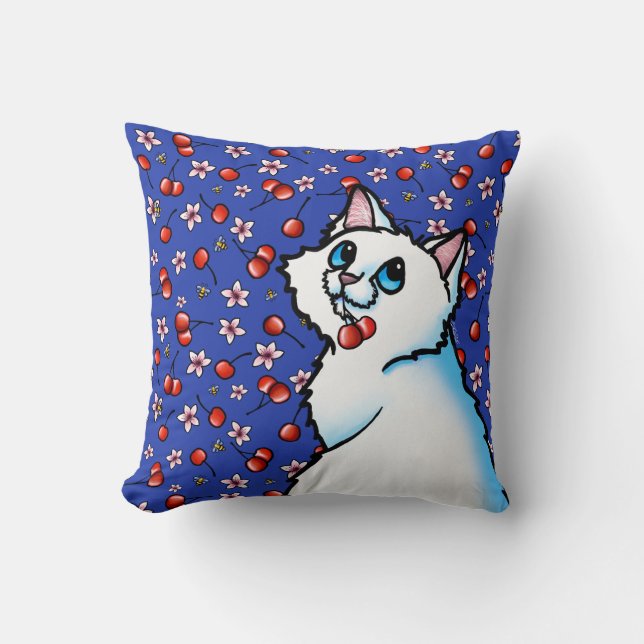 White Cat Cherries Throw Pillow (Front)