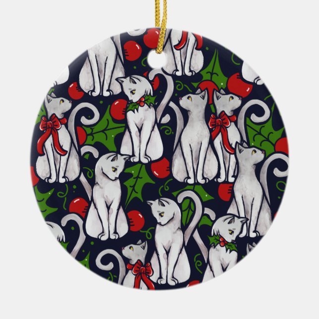 White Cat Christmas Gifts of Yule Ceramic Ornament (Front)