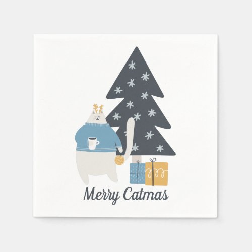 White cat Christmas ornament tree Merry Catmas Napkins