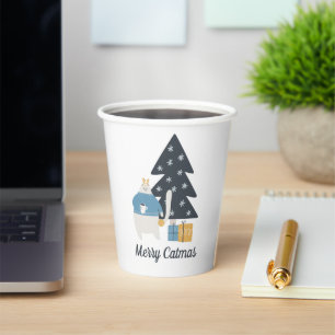 White cat Christmas ornament tree Merry Catmas Paper Cups