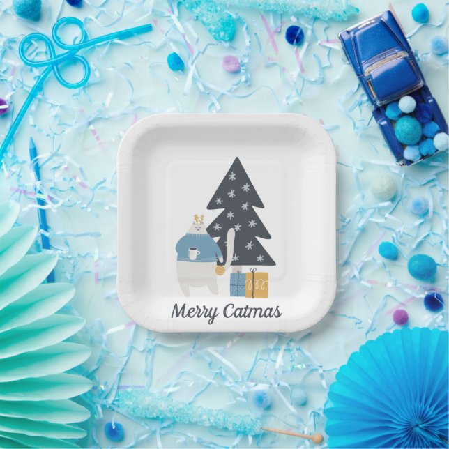 White cat Christmas ornament tree Merry Catmas  Paper Plates (Party)