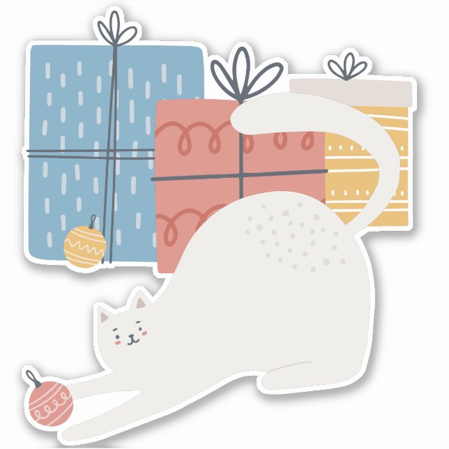 White cat Christmas ornaments balls presents gifts Sticker (Front)