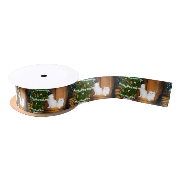 White cat Christmas Satin Ribbon  Zazzle