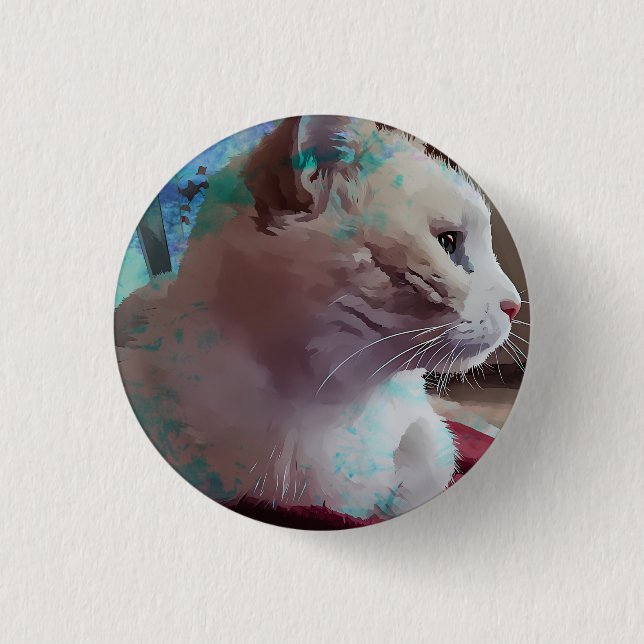 White cat closeup with blue paint effect button (Front)