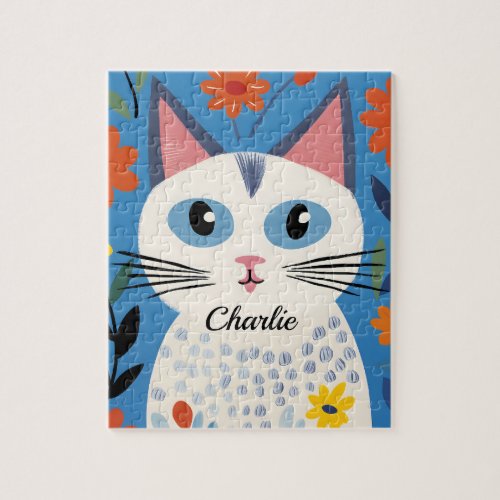 White Cat Colorful Flowers Custom Name Jigsaw Puzzle