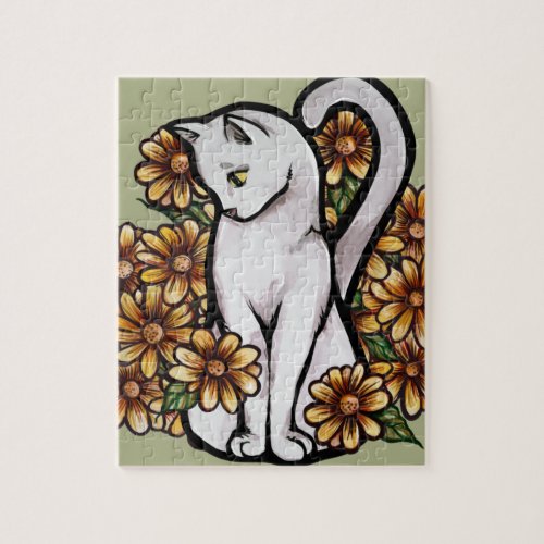 White Cat Daisy Flowers Cats              Jigsaw Puzzle