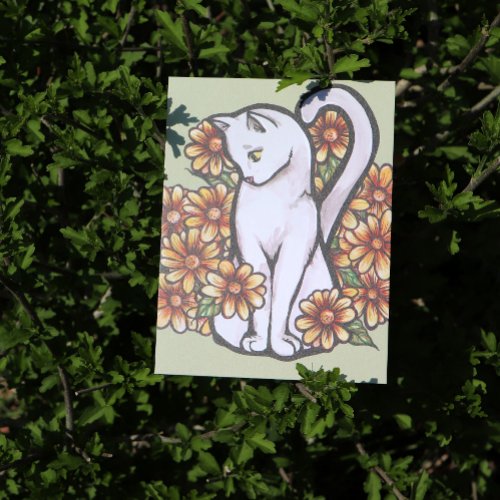 White Cat Daisy Flowers Cats                       Postcard
