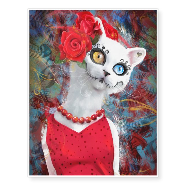 White cat, day of the dead temporary tattoos (Front)