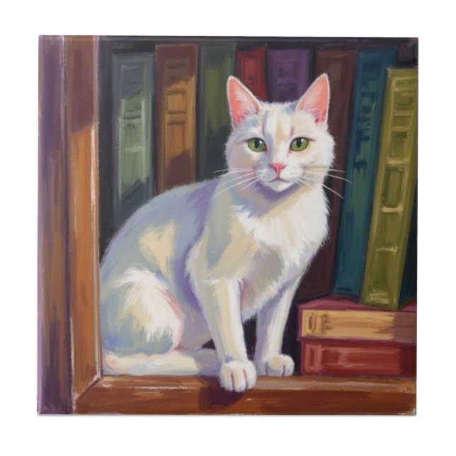 White Cat Drawing Ceramic Tile (Front)