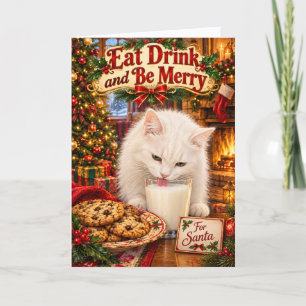 White Cat Eat Drink and Be Merry Christmas Card