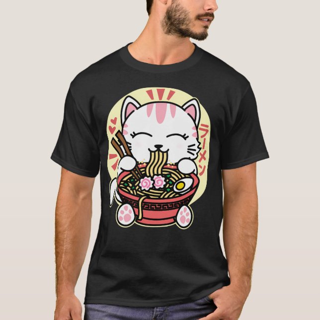White Cat Eating Ramen T-Shirt (Front)