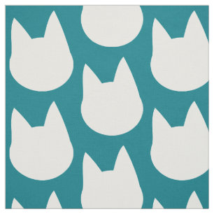 White Cat Face Pattern Teal Fabric
