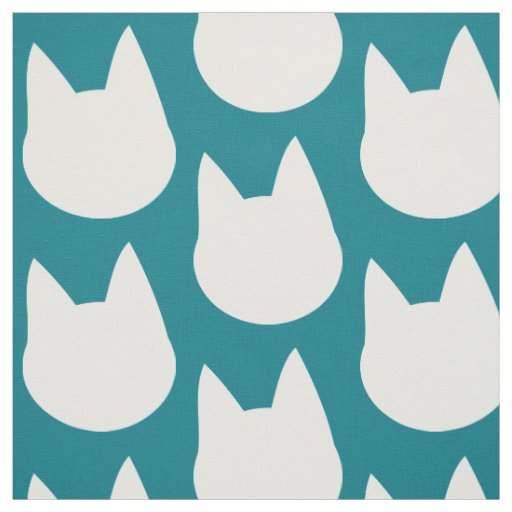 White Cat Face Pattern Teal Fabric