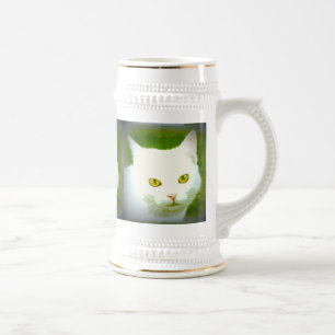 white cat faces beer stein