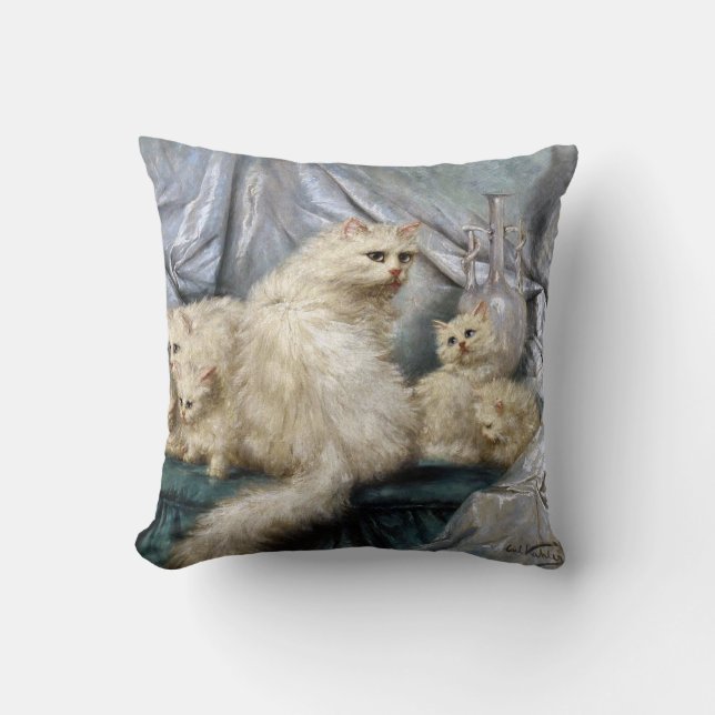 White Cat Family, Carl Kahler Throw Pillow (Front)