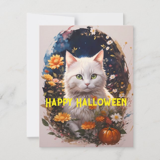 White Cat Flower Happy Halloween Magic Holiday Card (Front)