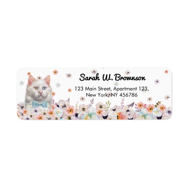 White Cat Flowers Blue Bow Tie Label (Front)
