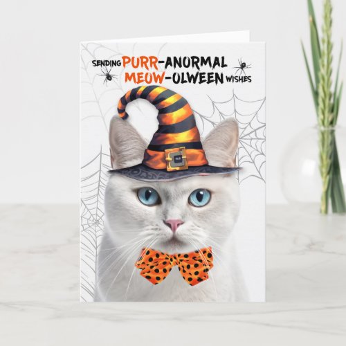 White Cat Funny PURRanormal MEOWolween Holiday Card