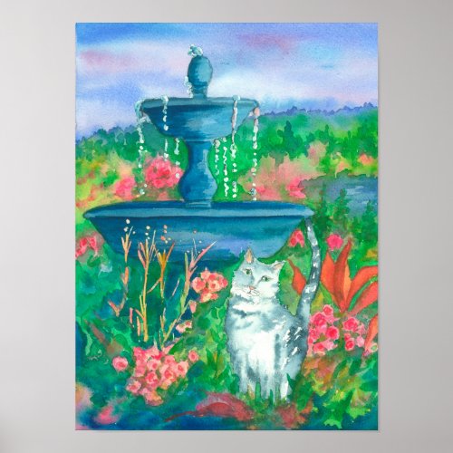 White Cat Garden Water Fountain Watercolor Art Poster