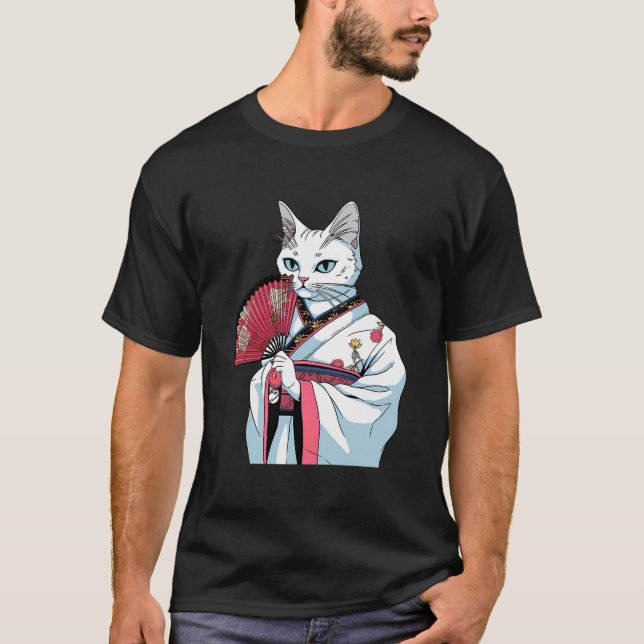 White Cat Geisha Funny Pet Kimono T-Shirt (Front)