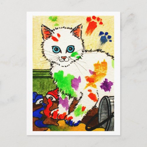 White cat getting paints all over the place postcard