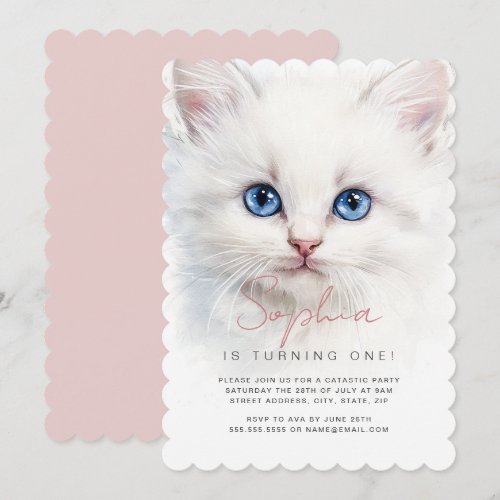 White Cat Girls First Birthday Party Invitation 