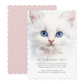White Cat Girls First Birthday Party Invitation